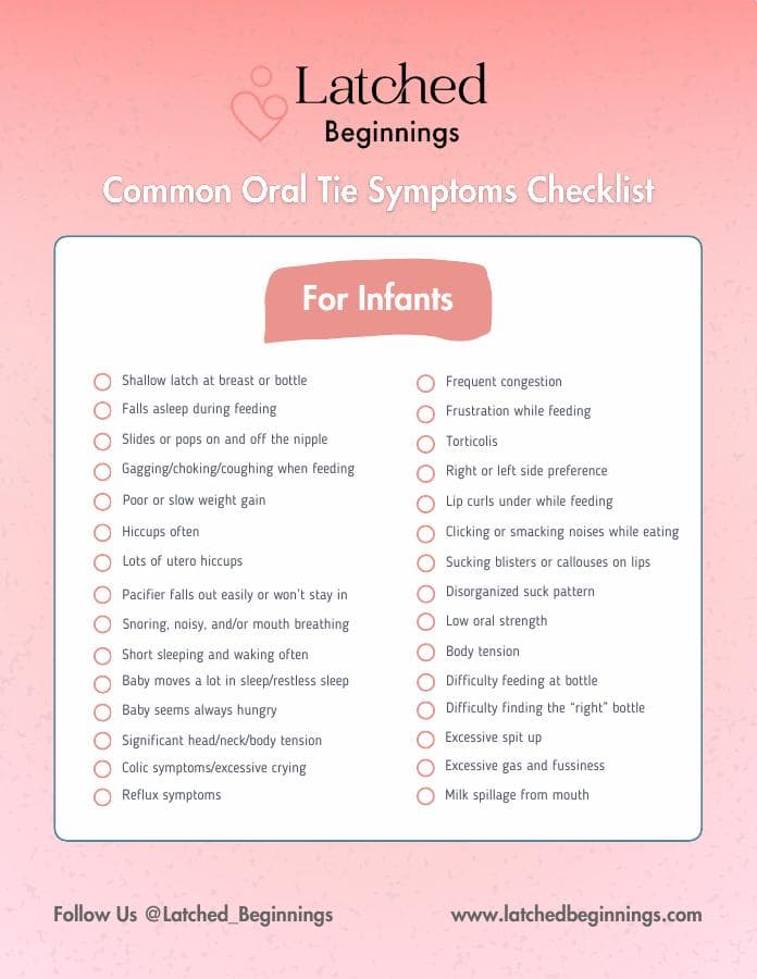The Latched Beginnings Oral Tie Symptoms Checklist shown on a tablet